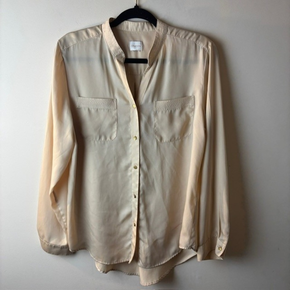 Womens Chico's (XL) Blouse Ivory Button Front Secretary Long Sleeve Office